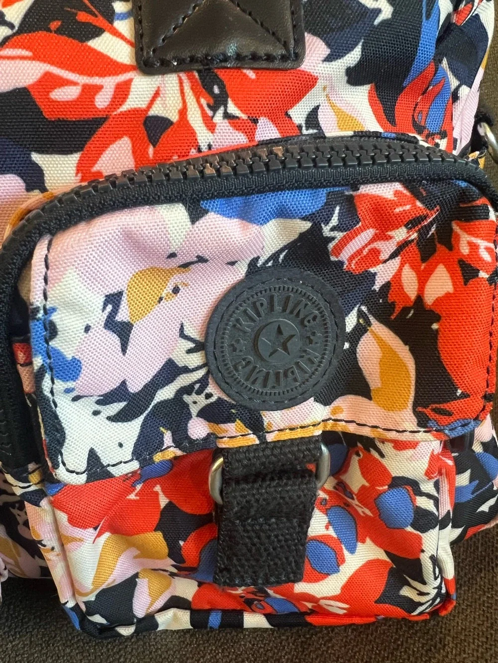 Kipling Floral Multi Pocket Satchel Handbag Monkey Charm RARE STYLE EUC